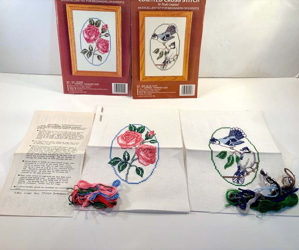 Nicole Creations Counted Cross Stitch Kits No. 1921 Roses and No. 1920 Blue Jays